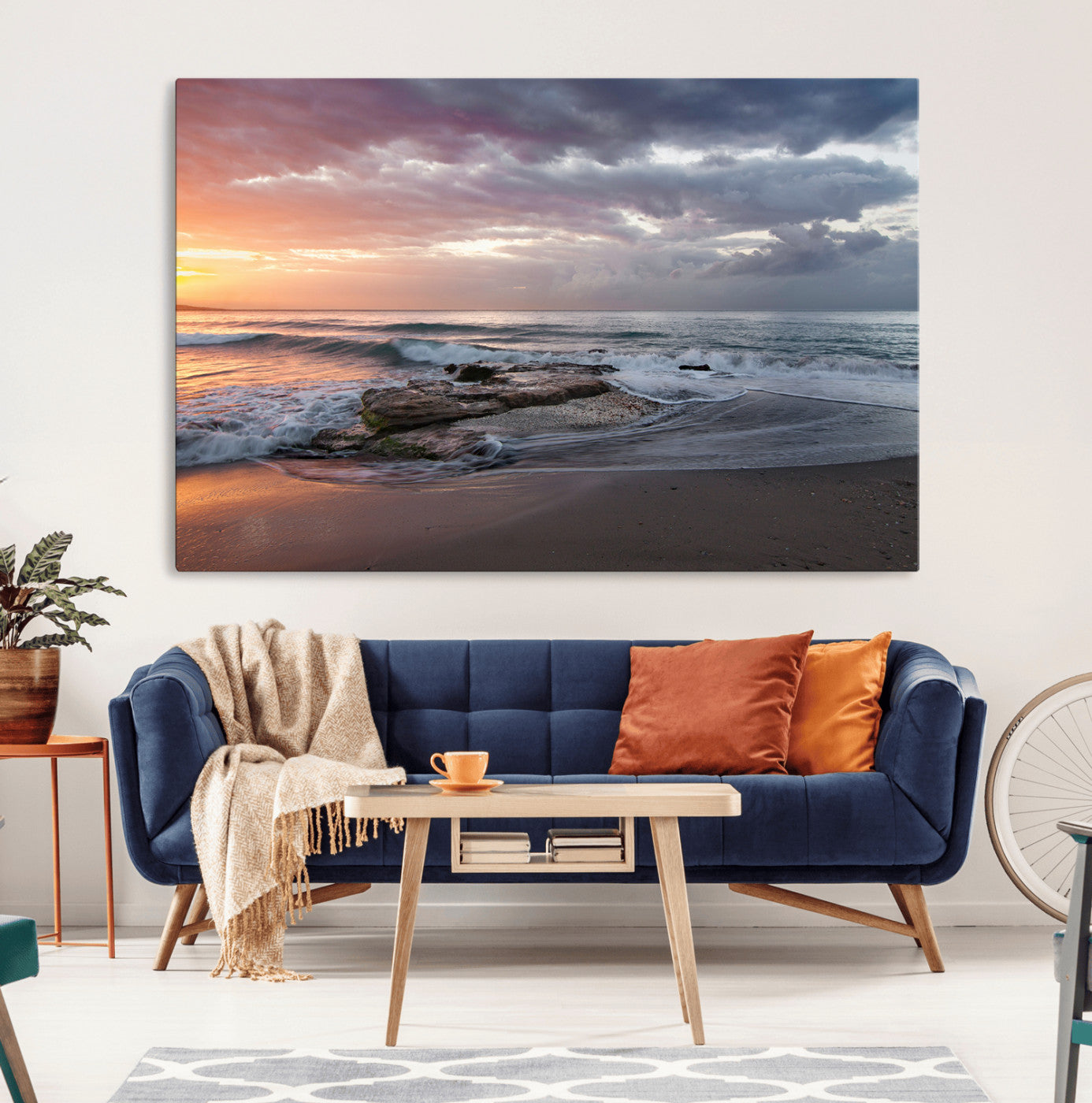 94208089-MGV-CV-36X24-Ocean Sunset Wall Art Canvas Print – Framed Serene Coastal Scene with Waves and Rocky Shore Artwork for Home, Office