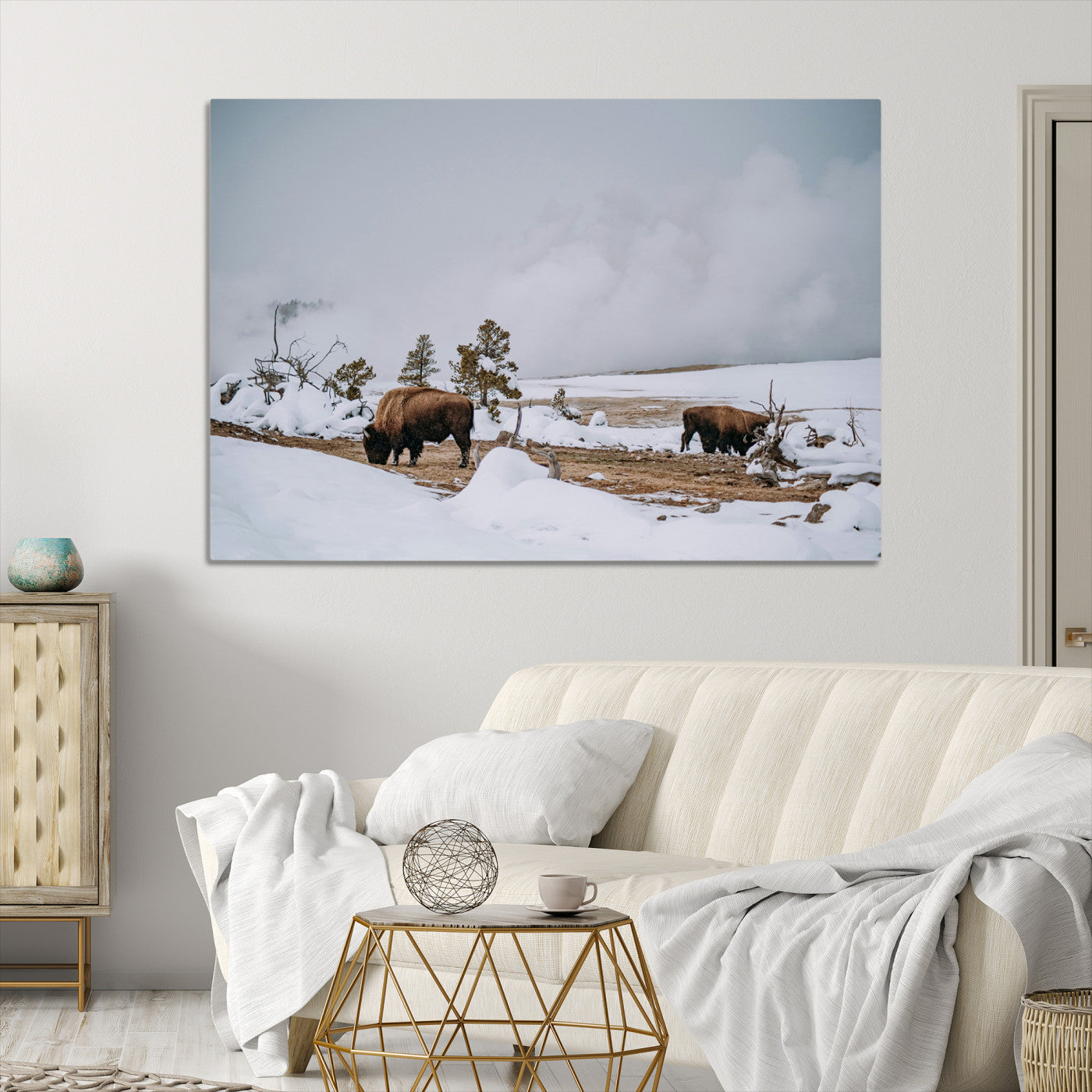 Bison Wildlife Wall Art Canvas Print, Framed Snowy Prairie Art Picture Print, Western Perfect Rustic Decor Artwork