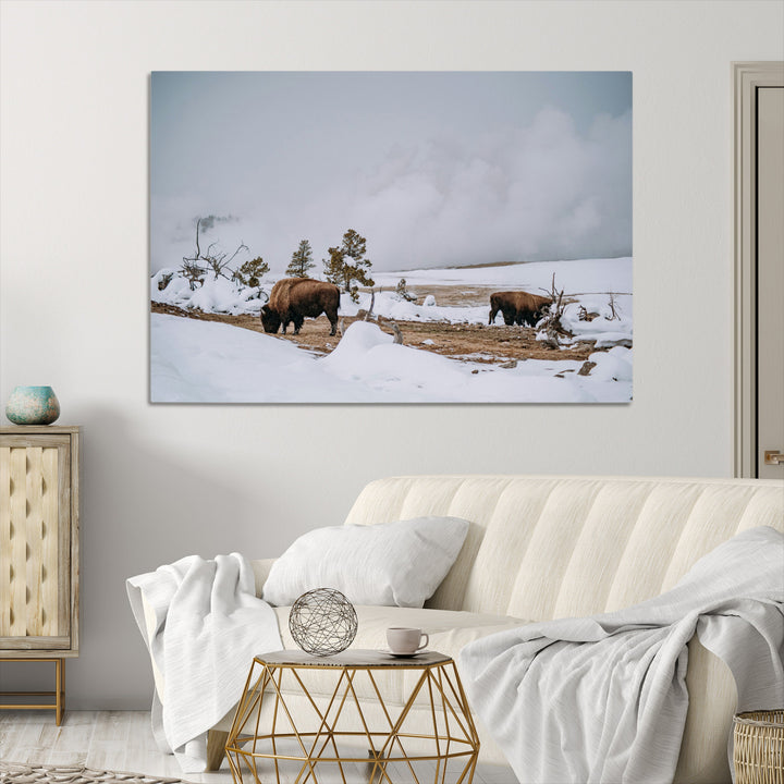 Bison Wildlife Wall Art Canvas Print, Framed Snowy Prairie Art Picture Print, Western Perfect Rustic Decor Artwork