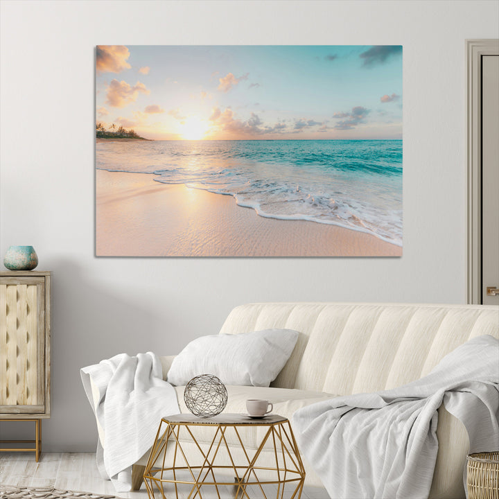 Beach Sunset Wall Art Canvas Print, Framed Ocean Waves Art Picture Print, Summer Escape Perfect Coastal Decor Artwork