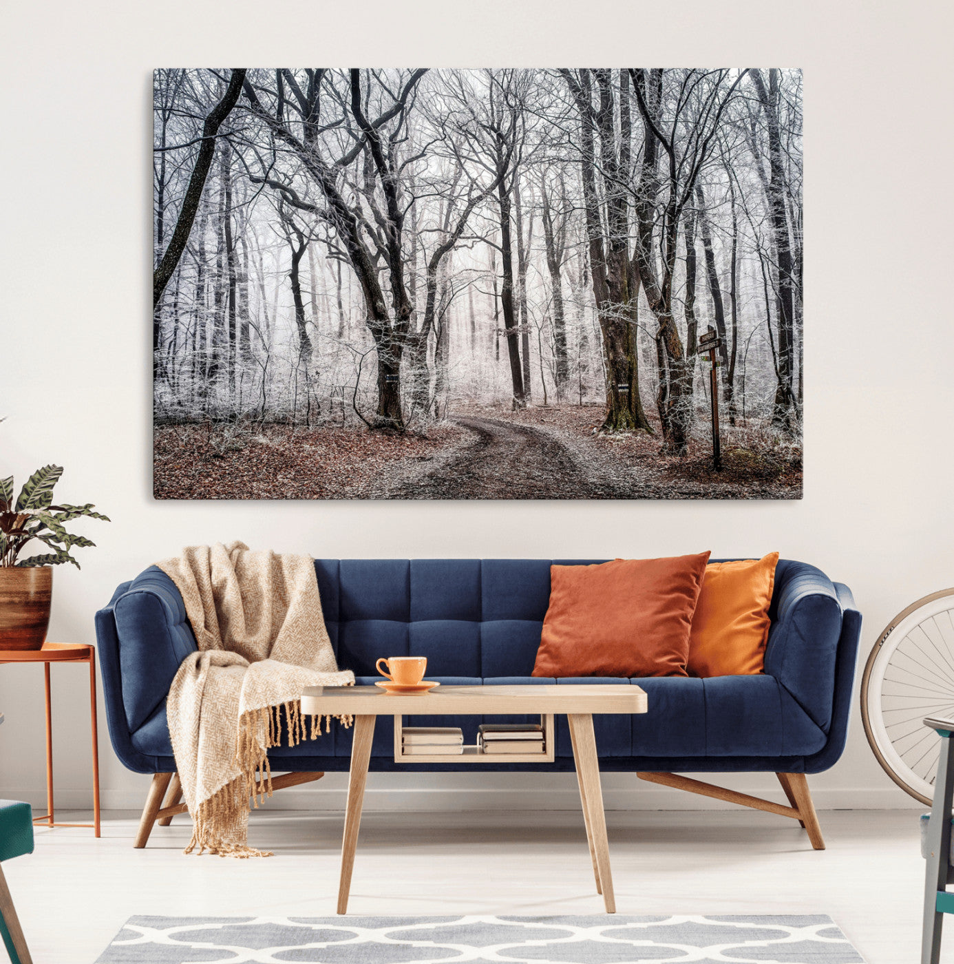 Snow-covered trees in a misty winter forest with a winding path, creating a serene and mysterious atmosphere, perfect for nature-inspired wall art.