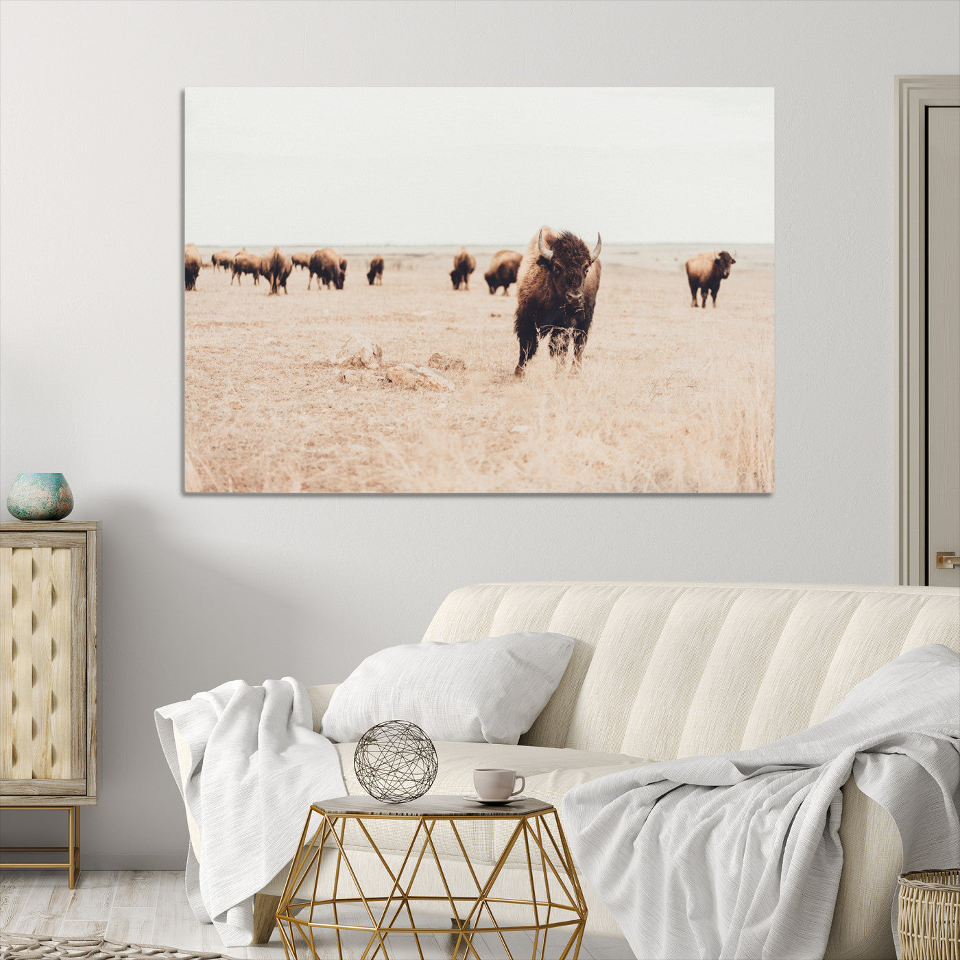 Bison Herd Wall Art Canvas Print, Framed Western Art Picture Print, Prairie Serenity Perfect Ranch Decor Artwork