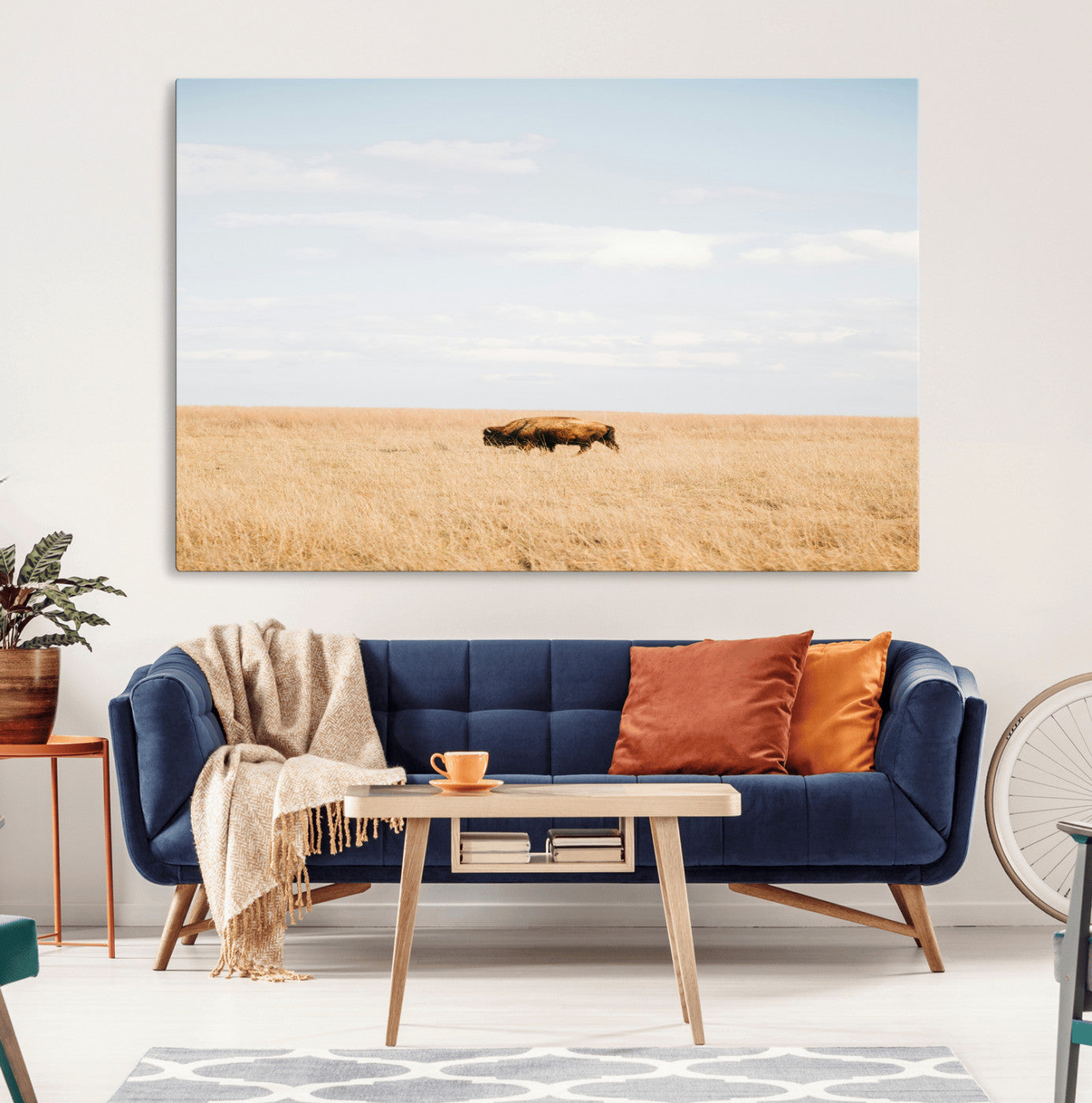 MGV-CV-36X24 - Minimalist Nature Wall Art Canvas Print, Framed Bison In Grassland Art Picture Print, Open Field Perfect Modern Ranch Decor Decor Artwork