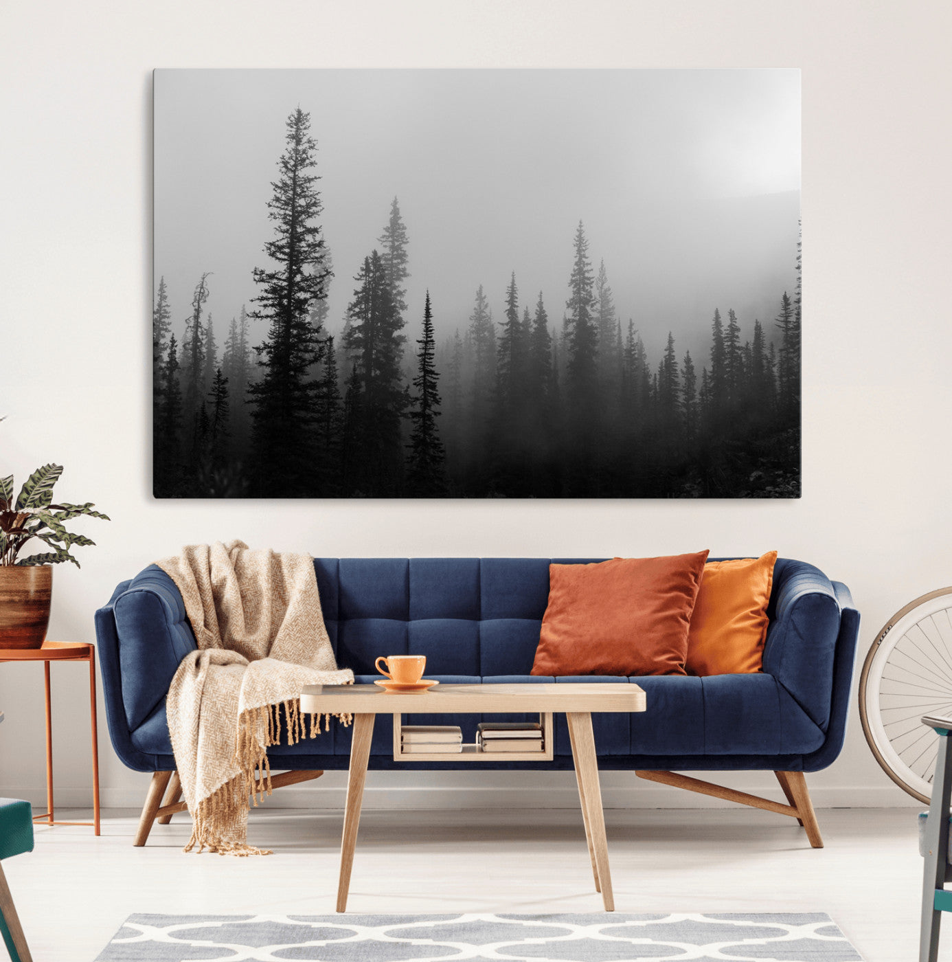 Black and white foggy forest with tall pine trees fading into mist, creating a moody and tranquil atmosphere, ideal for minimalist wall art.