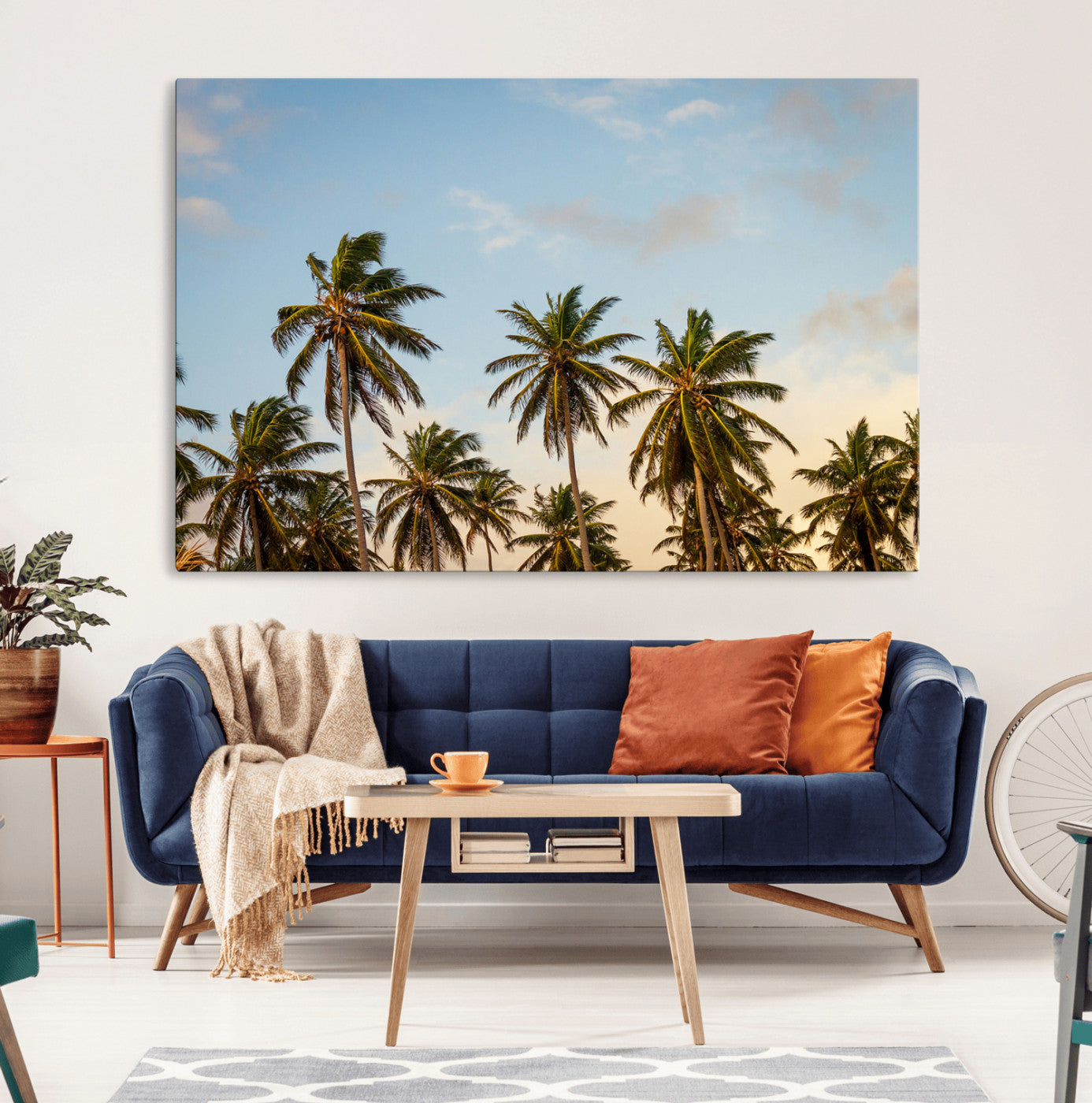 Tall palm trees swaying under a soft sunset sky, creating a tropical and relaxing atmosphere, perfect for coastal and beach-inspired wall art.