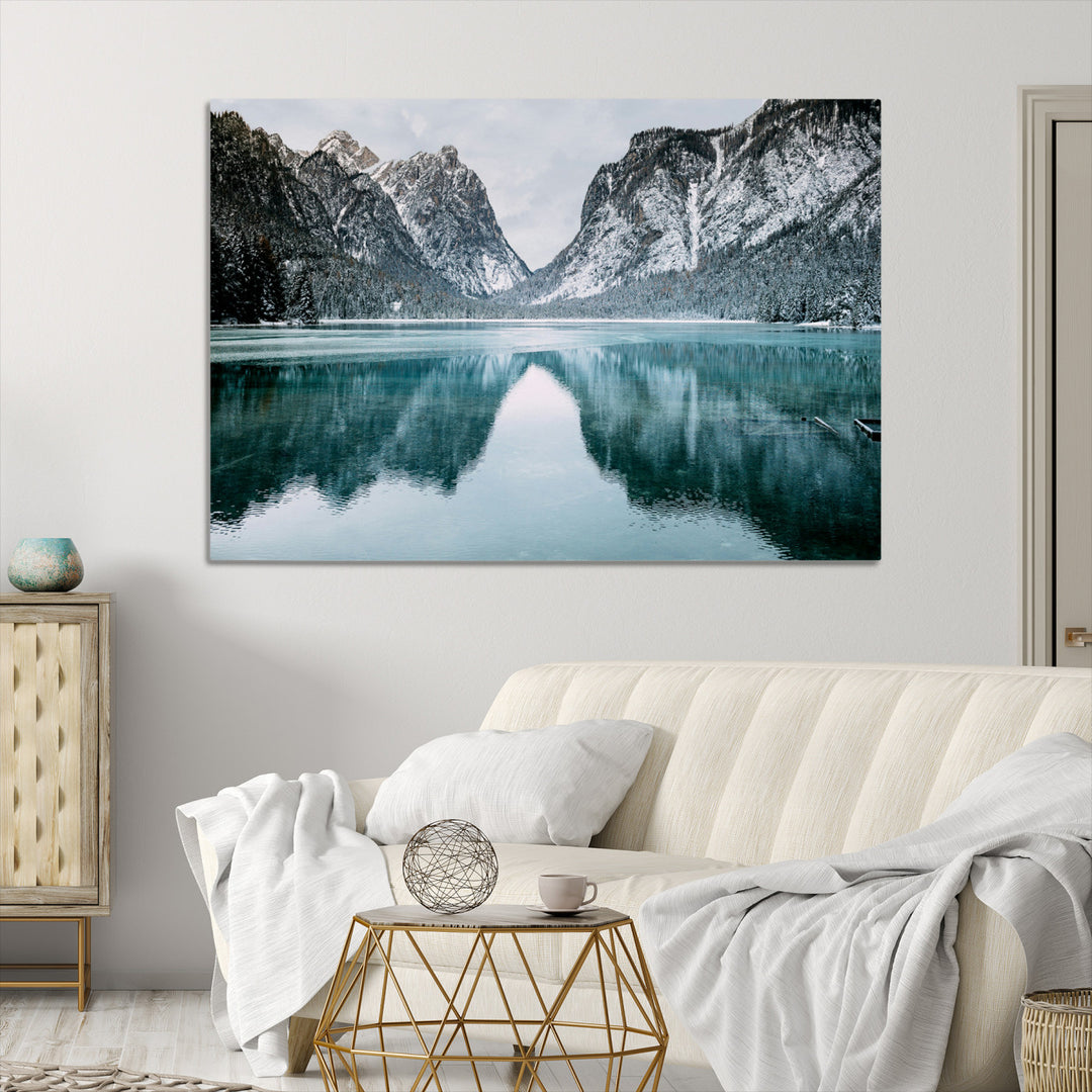 Mountain Lake Wall Art Canvas Print, Framed Winter Wonderland Art Picture Print, Snowy Peaks Perfect Modern Nature Decor Artwork