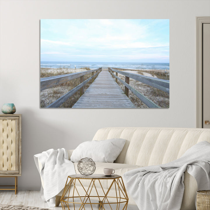Beach Boardwalk Wall Art Canvas Print, Framed Coastal Serenity Art Picture Print, Ocean View Perfect Coastal Decor Artwork