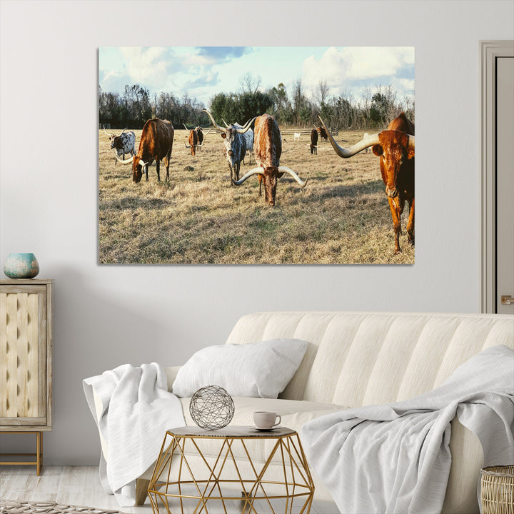 Texas Longhorns Wall Art Canvas Print, Framed Rustic Farm Scene Art Picture Print, Western Cattle Print Canvas Perfect Rustic Farmhouse