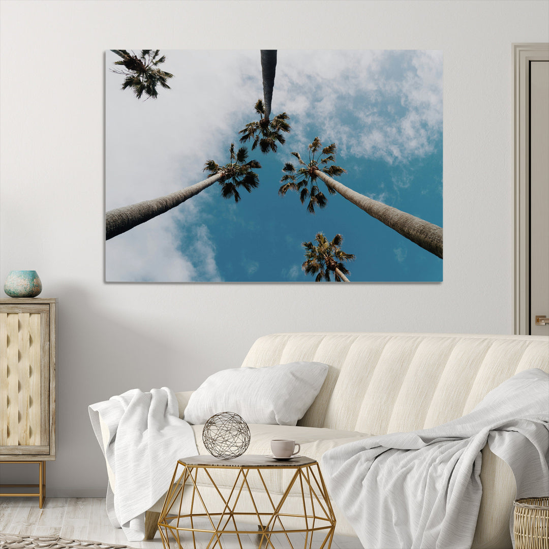 Tropical Palm Trees Wall Art Canvas Print, Framed California Sky Art Picture Print, Minimalist Nature Perfect Coastal Minimalist Decor