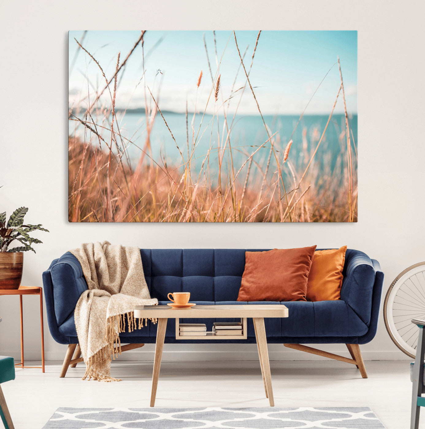 36108696-MGV-CV-36X24-Golden Beach Grass Ocean Breeze Soft Focus Tranquil Coastal Calm Blue Sky Seascape Nature Wall Art Canvas Print