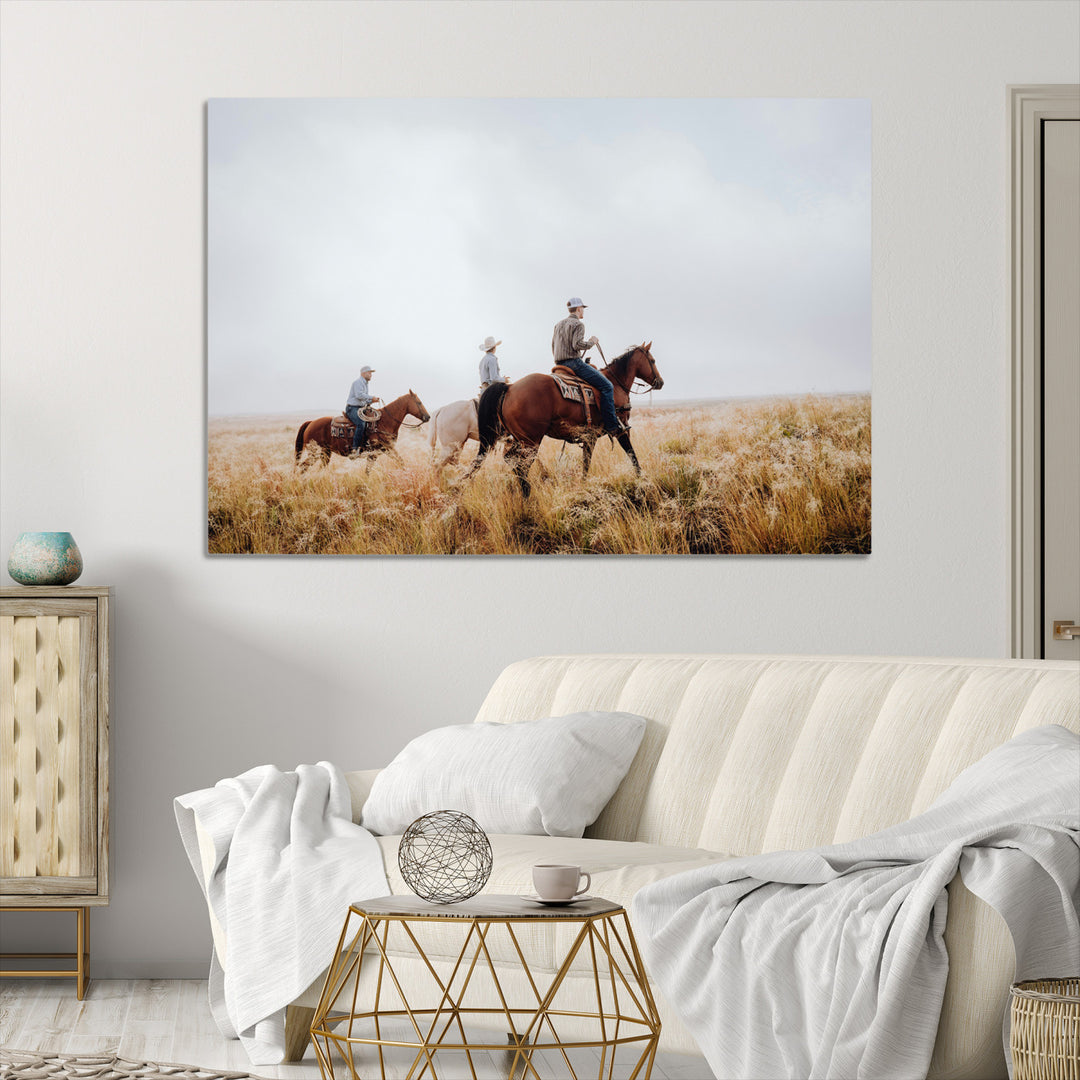 Western Cowboys Wall Art Canvas Print, Framed Rustic Prairie Art Picture Print, Horseback Riding Print Canvas, Perfect Rustic Western Decor