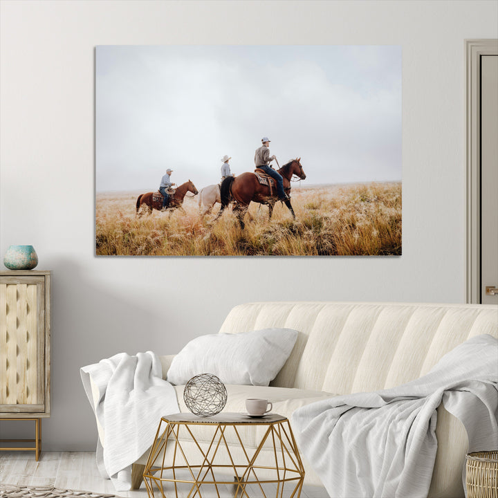Western Cowboys Wall Art Canvas Print, Framed Rustic Prairie Art Picture Print, Horseback Riding Print Canvas, Perfect Rustic Western Decor