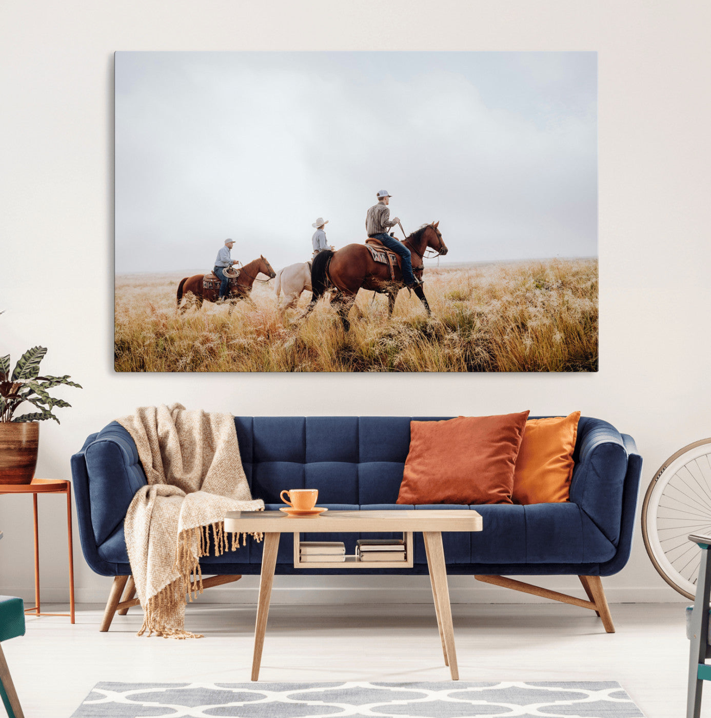 Three cowboys riding horses through a foggy prairie landscape, dressed in Western attire, evoking a rustic and adventurous Wild West aesthetic.