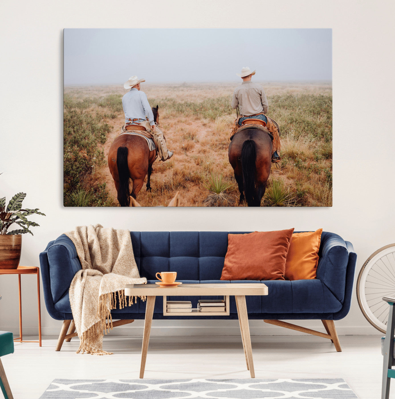 Two cowboys riding horseback through a misty prairie, capturing the rustic and adventurous spirit of the Western frontier.