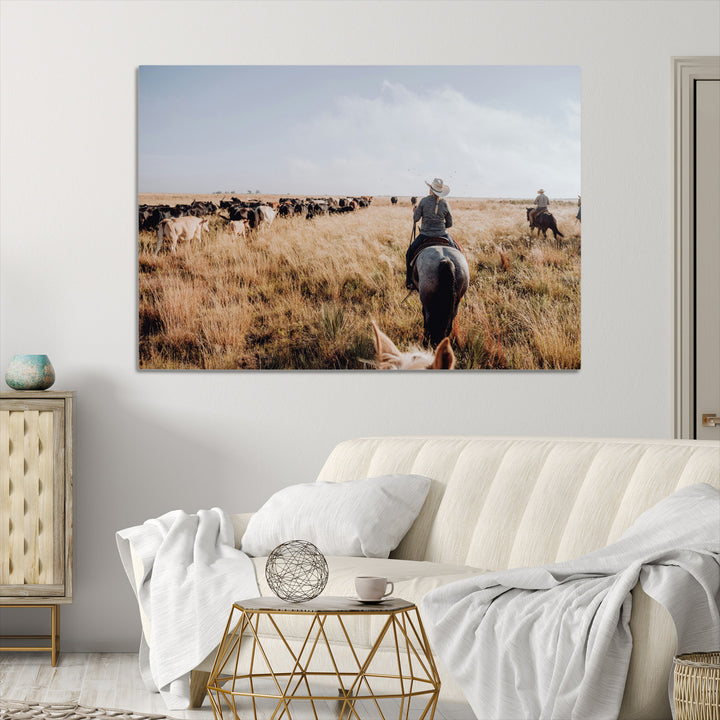 Western Wall Art Wall Art Canvas Print, Framed Cowboy Canvas Art Picture Print, Cattle Drive Scene Perfect Rustic Western Decor Artwork