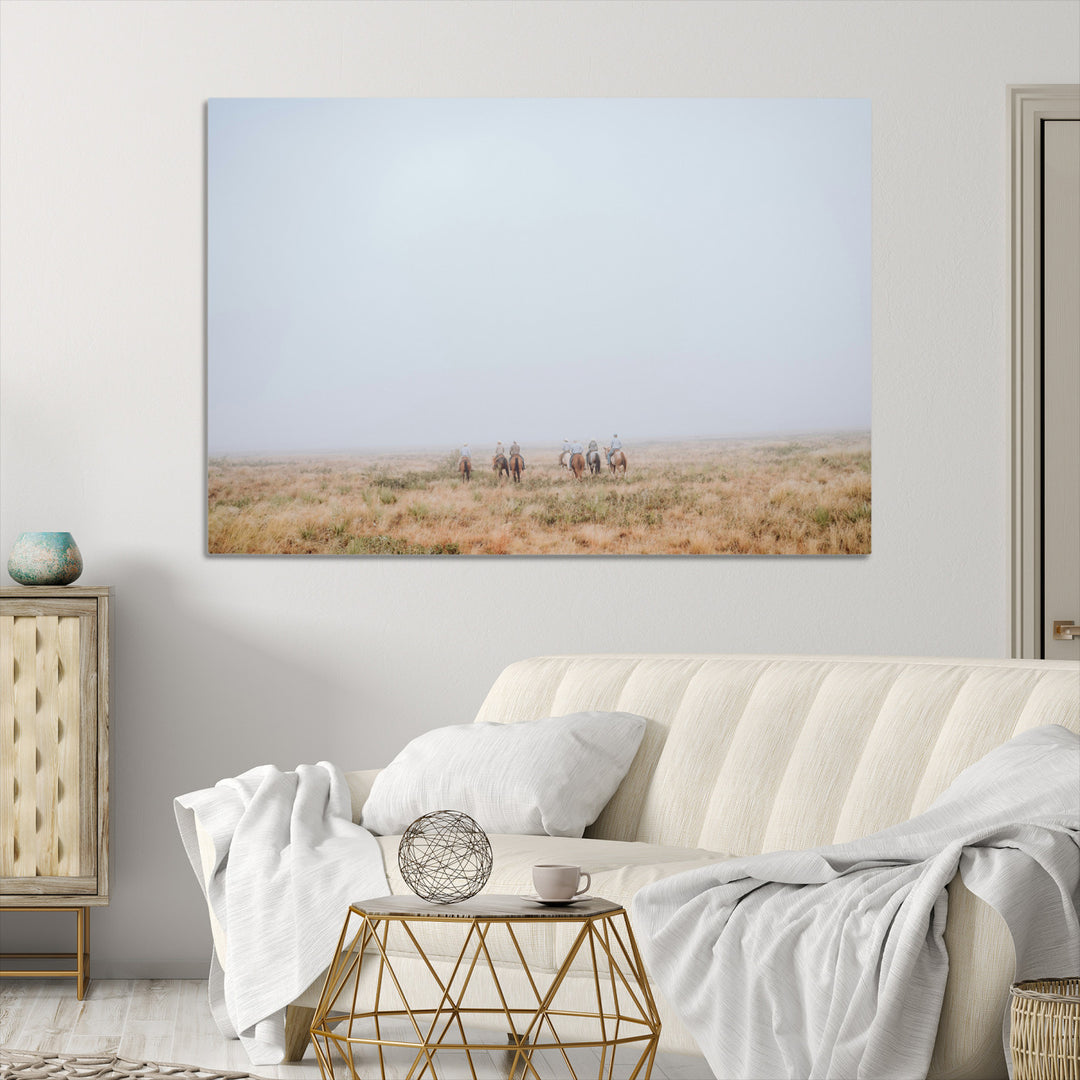 Foggy Plains Wall Art Canvas Print, Framed Horseback Riders Art Picture Print, Rustic Western Perfect Rustic Western Decor Artwork