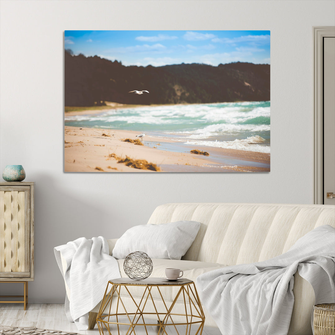 Tranquil Beach Scene Wall Art Canvas Print, Framed Blue Ocean Waves Art Picture Print, Sandy Coastline Perfect Coastal Cottage Decor Artwork