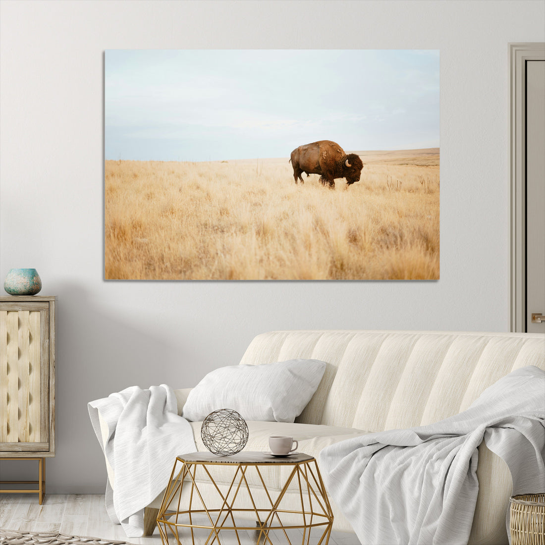 Buffalo Wall Art Canvas Print, Framed Western Wildlife Rustic Prairie Scene