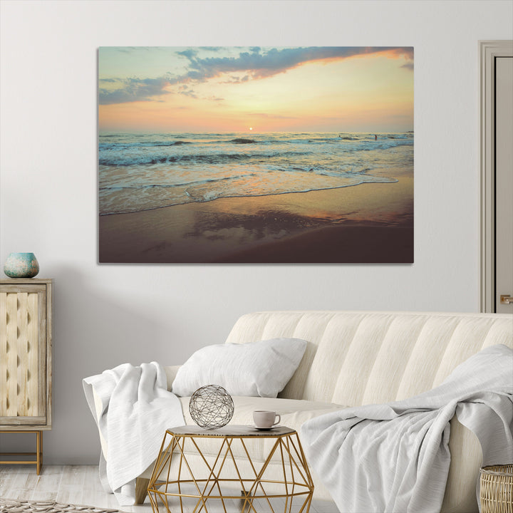 Sunset Seascape Wall Art Canvas Print, Framed Pastel Ocean View Art Picture Print, Tranquil Shoreline Perfect Boho Coastal Decor Artwork