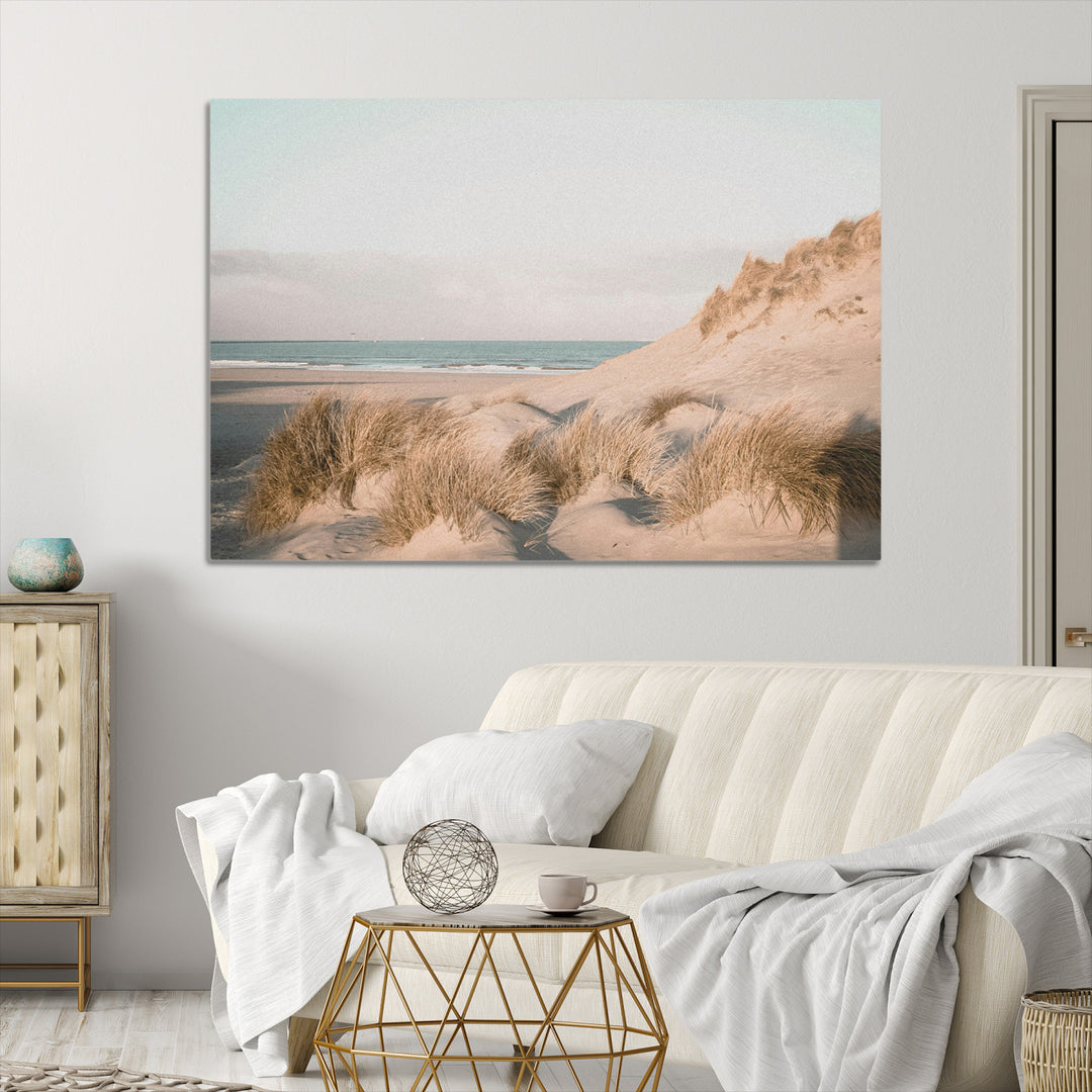 Minimalist Seascape Wall Art Canvas Print, Framed Neutral Beach Print Art Picture Print, Sand Dune Photography Perfect Scandinavian Coastal