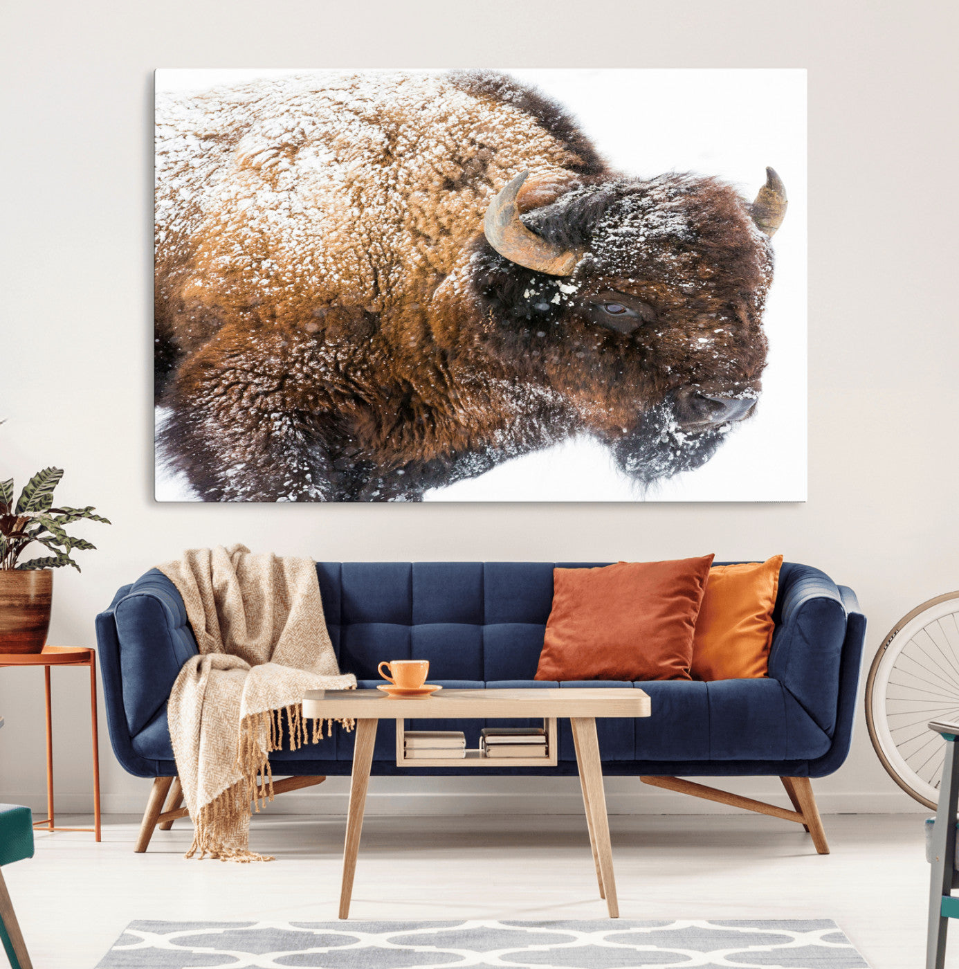Close-up photograph of a bison covered in snow, highlighting its thick fur and powerful presence, set against a white winter backdrop, ideal for rustic decor.