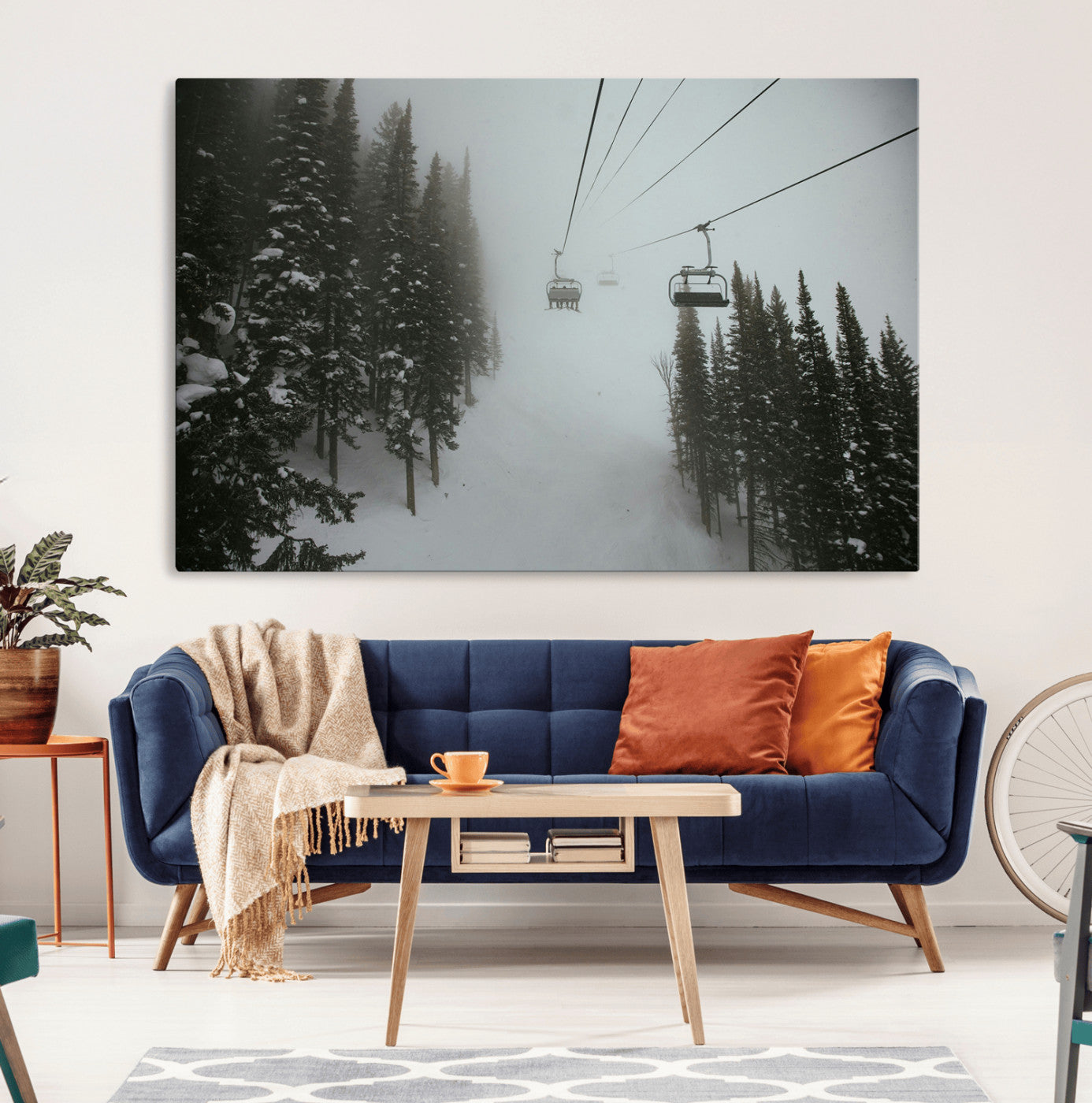 87018452-MGV-CV-36X24-Ski Lift Wall Art Canvas Print – Snowy Pines Misty Landscape Winter Serenity Artwork for Home, Office Decor