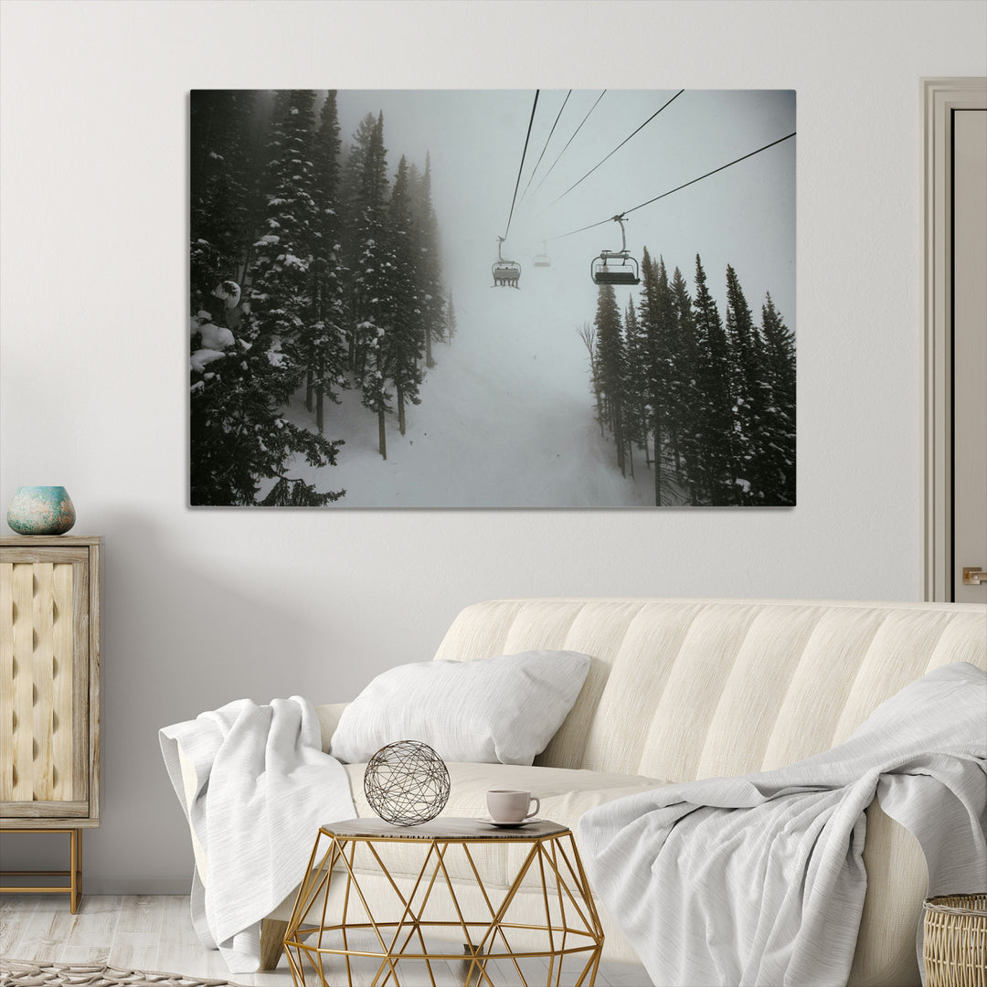 Ski Lift Wall Art Canvas Print, Framed Snowy Pines Art Picture Print, Misty Landscape Perfect Winter Serenity Decor Artwork