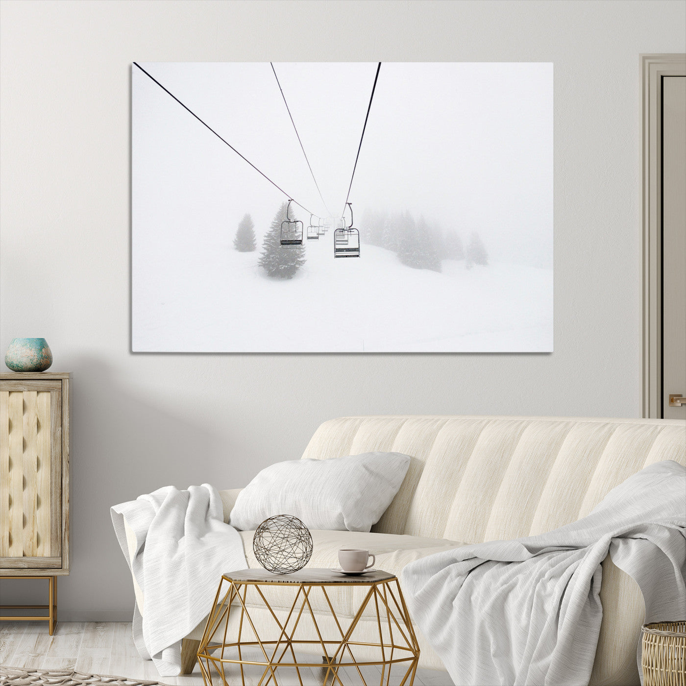 Ski Lift Print Wall Art Canvas, Framed Snowy Landscape Art Picture Print, Alpine Adventure Perfect Nordic Minimalist Decor Artwork