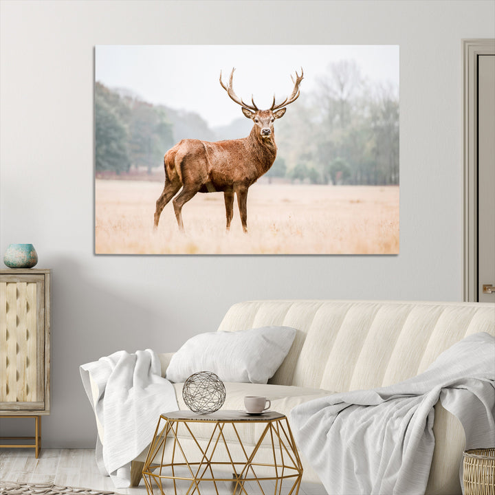 Vintage Wildlife Canvas Print, Framed Misty Landscape Art Picture Print, Deer Wall Art Perfect Rustic Wildlife Decor Artwork