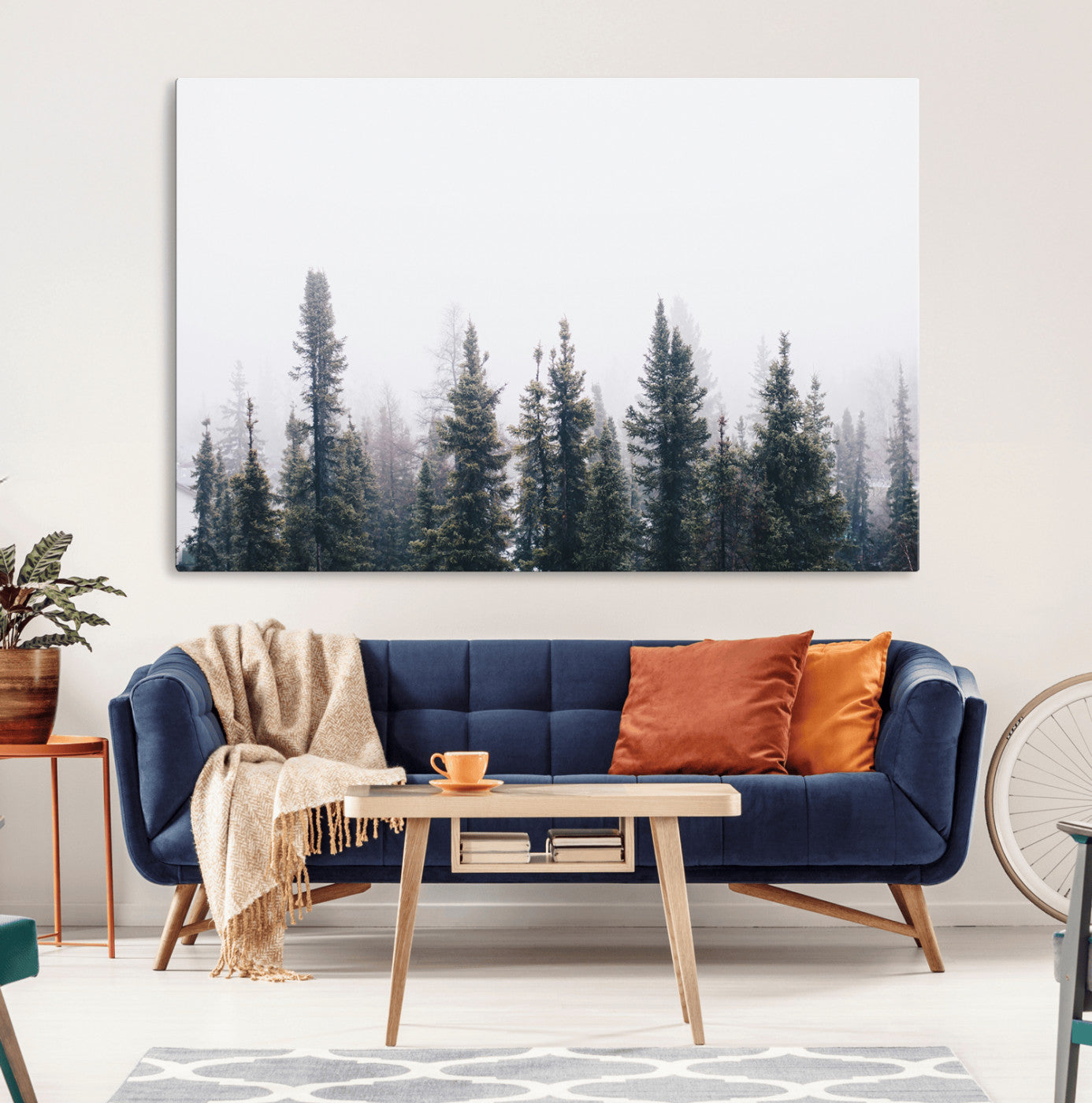 MGV-CV-36X24 - Foggy Forest Wall Art Canvas Print, Framed Misty Pines Art Picture Print, Moody Woodland Perfect Scandinavian Minimalist Decor Artwork