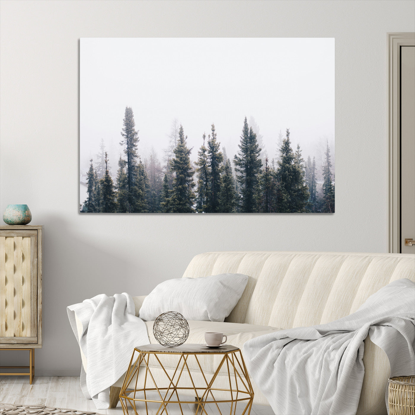 Foggy Forest Wall Art Canvas Print, Framed Misty Pines Art Picture Print, Moody Woodland Perfect Scandinavian Minimalist Decor Artwork
