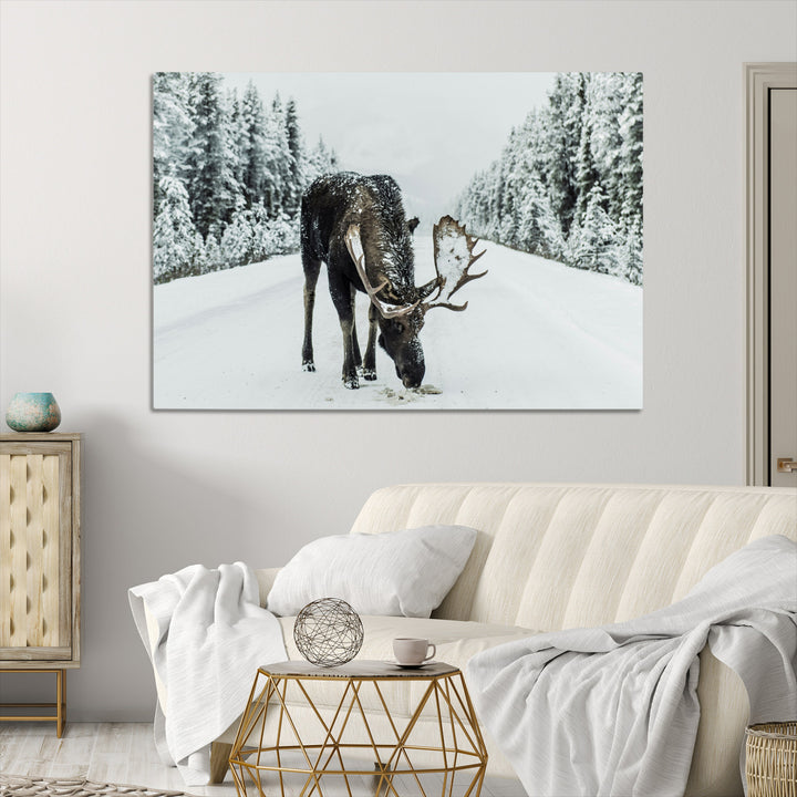Moose in Snow Wall Art Canvas Print, Framed Winter Wildlife Art Picture Print, Snowy Forest Scene Perfect Rustic Lodge Decor Artwork