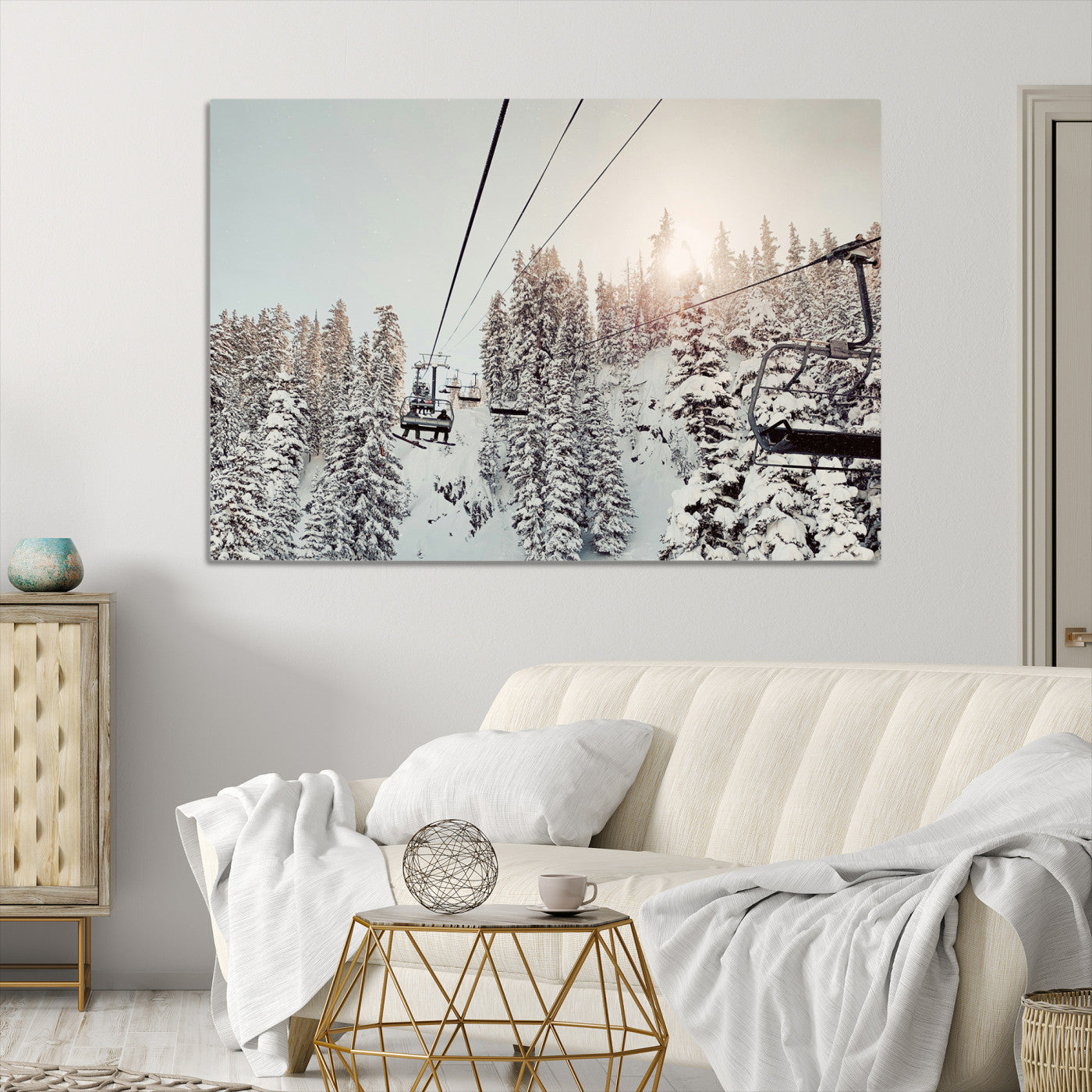 Frosty Pines Wall Art Canvas Print, Framed Cozy Cabin View Art Picture Print, Ski Lift Ride Perfect Rustic Lodge Decor Artwork