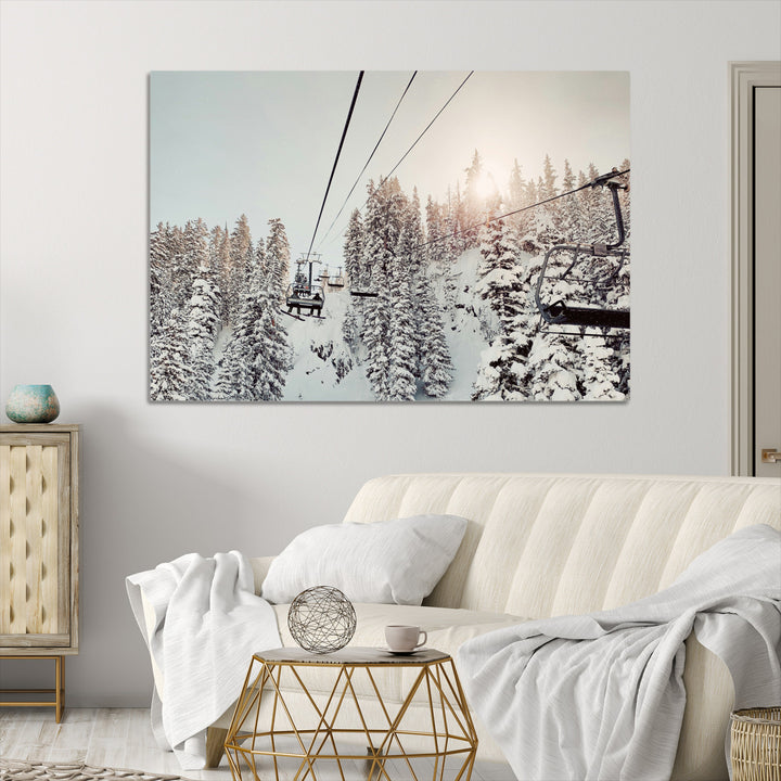Frosty Pines Wall Art Canvas Print, Framed Cozy Cabin View Art Picture Print, Ski Lift Ride Perfect Rustic Lodge Decor Artwork