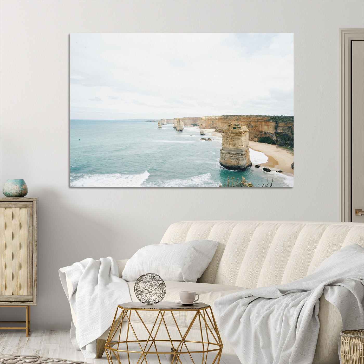 70095633-MGV-CV-36X24-Twelve Apostles Wall Art Canvas Print, Framed Coastal Cliffs Art Picture Print, Rugged Rock Formations Perfect Minimalist Coastal Decor
