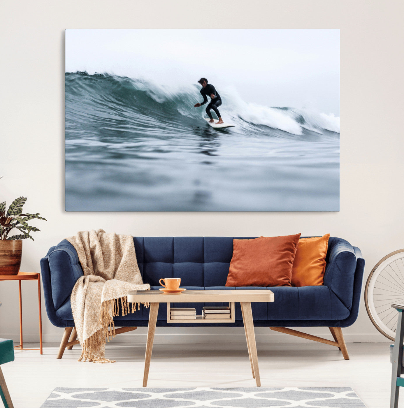 MGV-CV-36X24 - Surfer on Wave Wall Art Canvas Print, Framed Ocean Adventure Art Picture Print, Motion Blur Water Perfect Coastal Adventure Decor Artwork