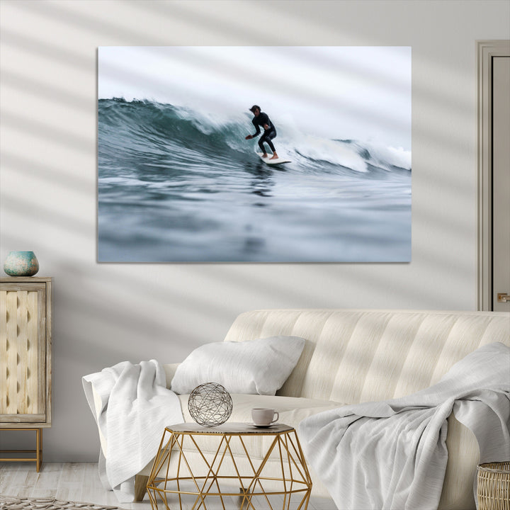 Surfer on Wave Wall Art Canvas Print, Ocean Adventure Print, Framed Motion Blur Water Art Print, Large Deep Blue Surf Printing