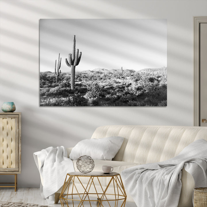 Saguaro Cactus Canvas Print Wall Art , Monochrome Landscape Print, Framed Scenic Arizona Art Print, Large Timeless Western Aesthetic