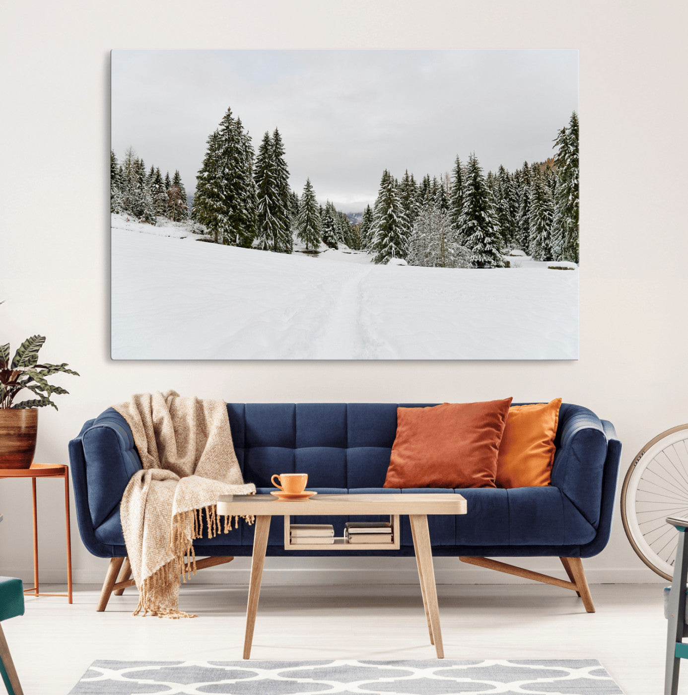 24581417-MGV-CV-36X24-Frosty Pines Wall Art Canvas Print – Framed Silent Snowfall Cozy Cabin Nordic Minimalist Winter Landscape Artwork for Home, Office