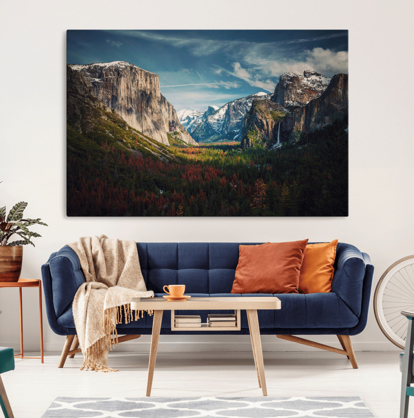 Framed canvas print of Yosemite National Park, featuring El Capitan and a scenic waterfall, ideal for rustic farmhouse or adventure-themed home decor.