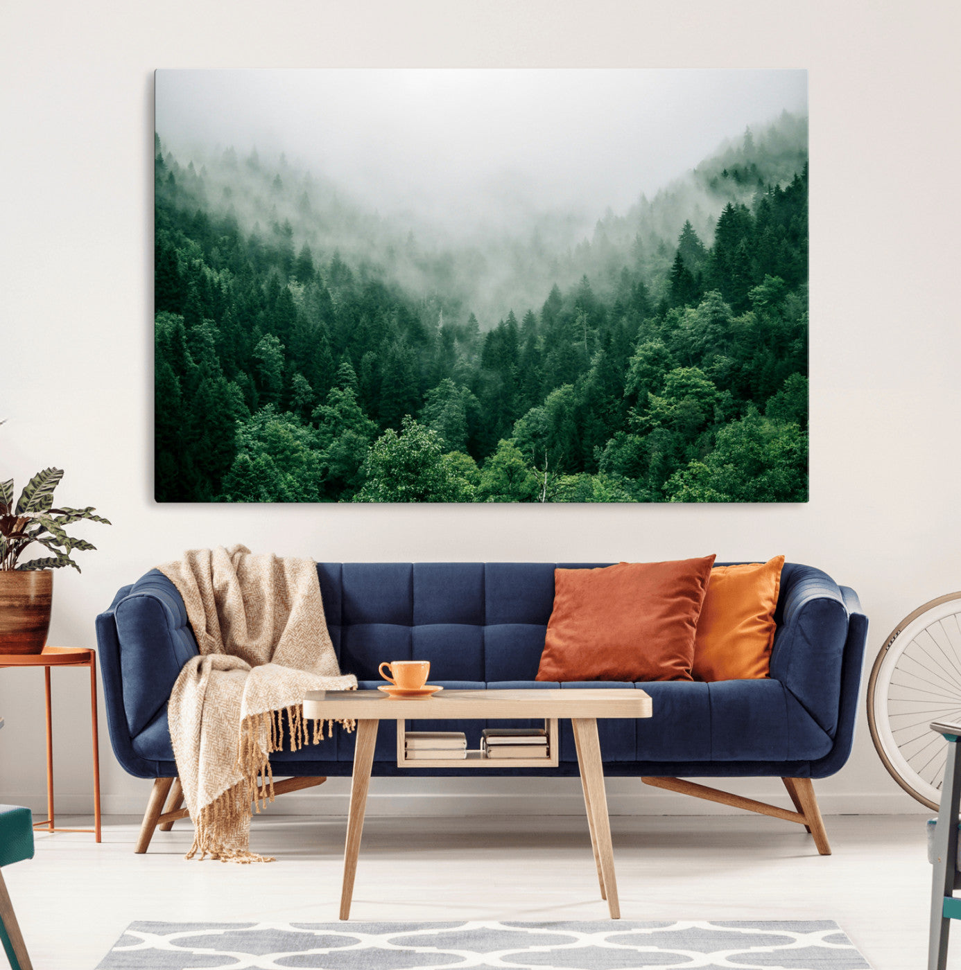 45265379-MGV-CV-36X24-Misty Green Forest Canvas Print – Framed Serene Foggy Pine Landscape Tranquil Nature Wall Art for Home, Office
