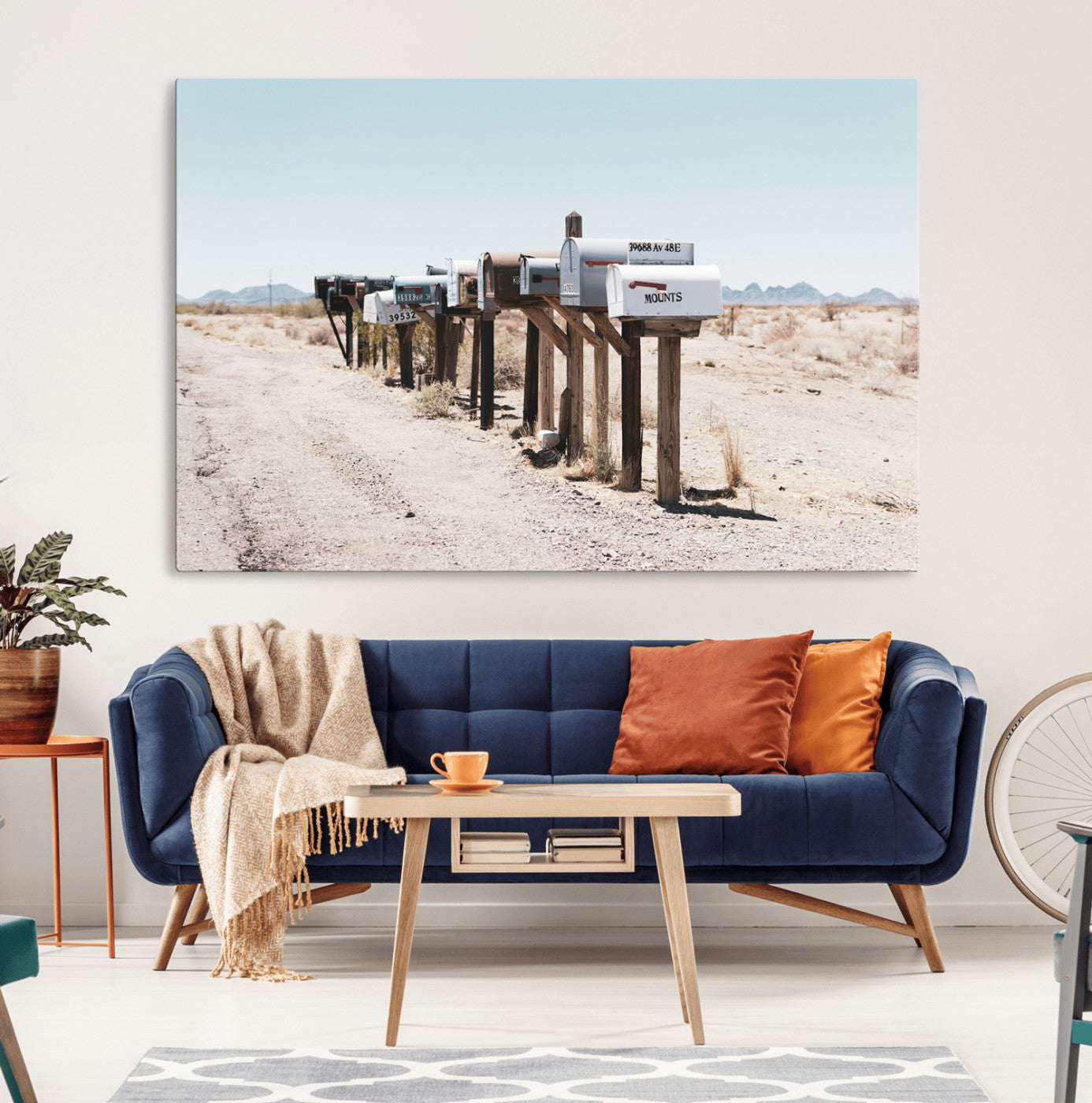 MGV-CV-36X24 - Desert Mailboxes Canvas Print – Minimal Western Landscape Photography, Rustic Americana Wall Art for