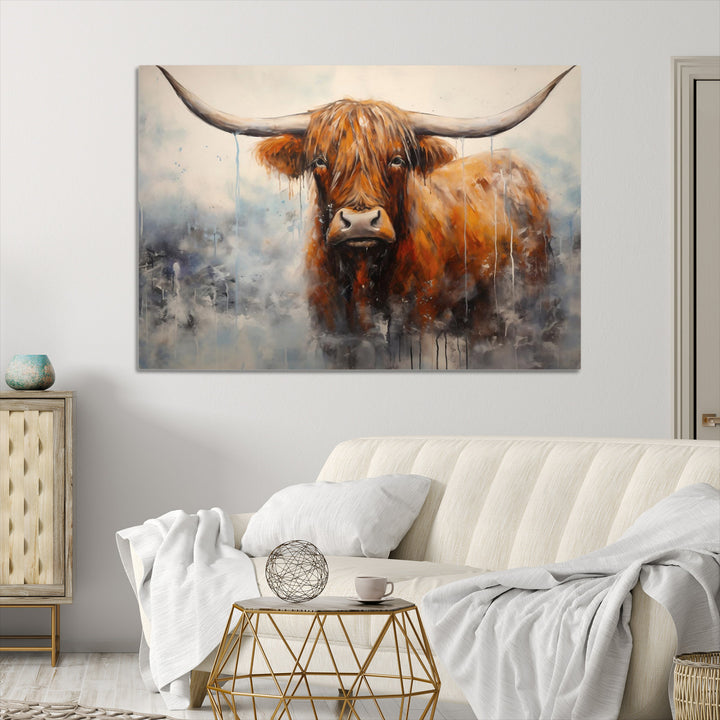 Scottish Highland Wall Art Canvas Print, Framed Longhorn Art Picture Print, Western Cow Perfect Farmhouse Decor Artwork