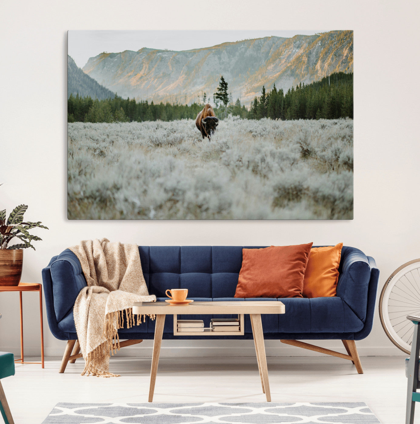 Lone bison standing in a frosted sagebrush field with a pine forest and rugged mountain range in the background under soft morning light – Wall Art Canvas Print.