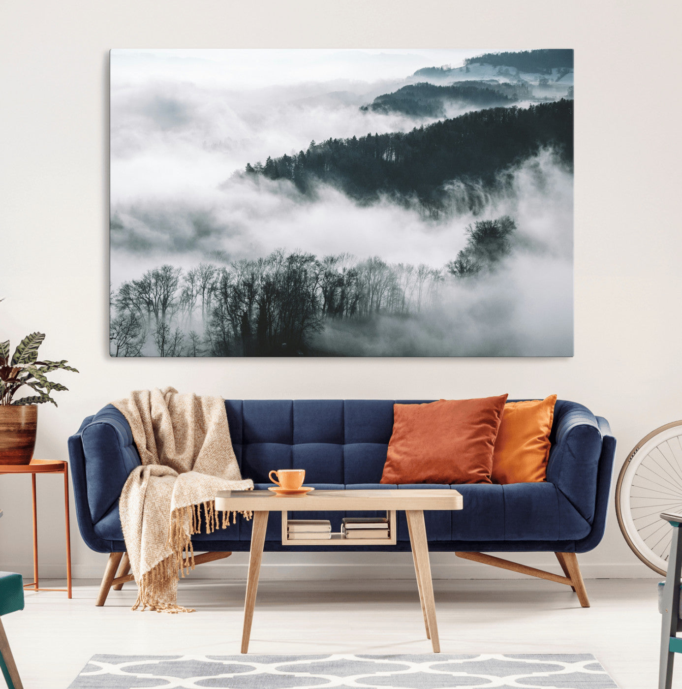 MGV-CV-36X24 - Foggy Forest Landscape Wall Art Canvas Print – Misty Mountain Valley Scene in Monochrome Tones,