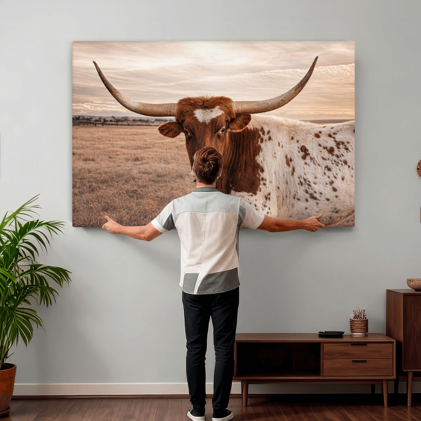 95745718-MGV-CV-36X24 - Longhorn Cow Wall Art – Texas Bull Canvas Print, Rustic Farm Cattle Photography, Western Animal Decor for Country Home, Living Room or Game Room