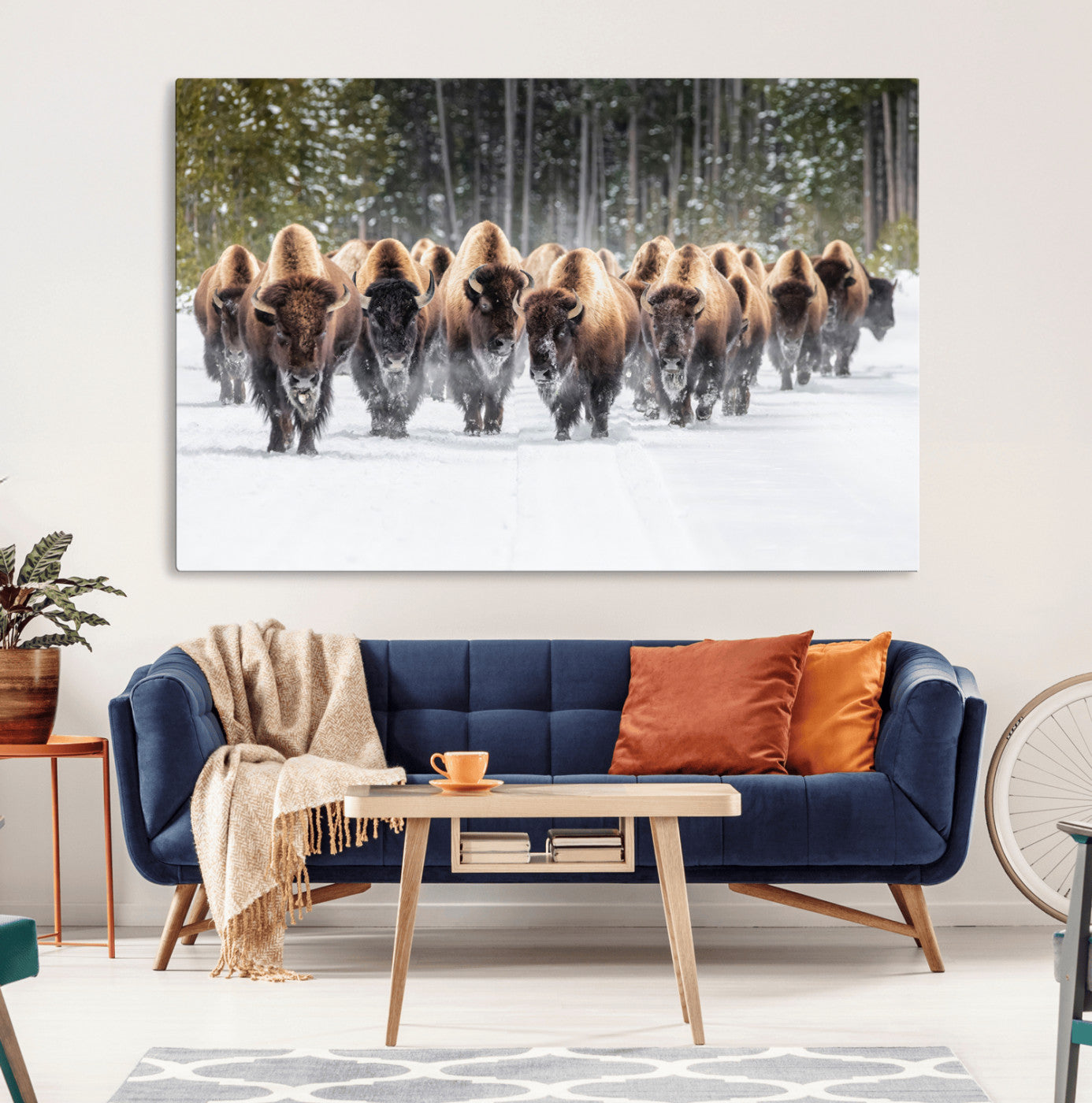 American Bison Herd in Snow Wall Art Canvas Print – Powerful Winter Wildlife Scene with Buffalo in Motion, Perfect for Rustic Lodge or Western Cabin Decor