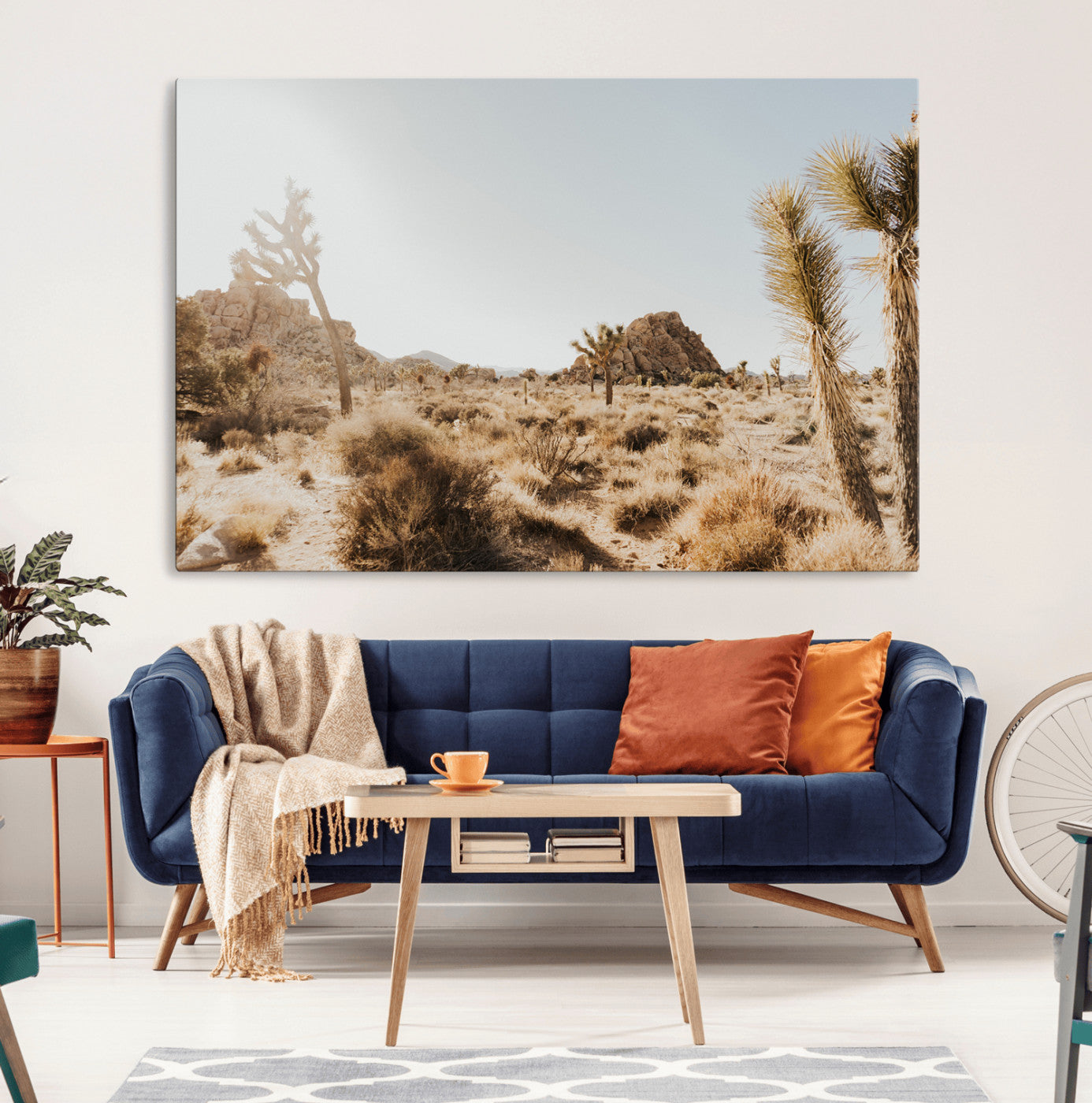 Sunlit desert landscape featuring Joshua trees, rocky formations, and dry bushes under a clear sky.