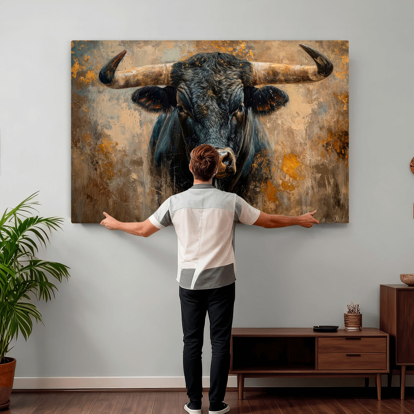91615410-MGV-CV-36X24 - Abstract Texas Longhorn Bull Wall Art – Rustic Farmhouse Canvas Print, Western Cabin Style Decor, Large Animal Artwork for Living Room or Office