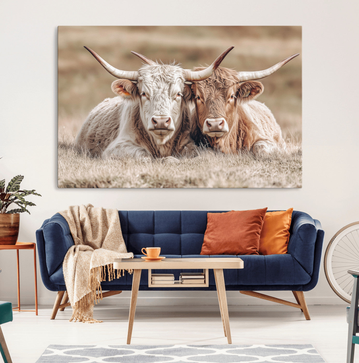 Two Highland cows with long horns lying side by side on a grassy field, featuring soft natural tones and a calm rural setting.